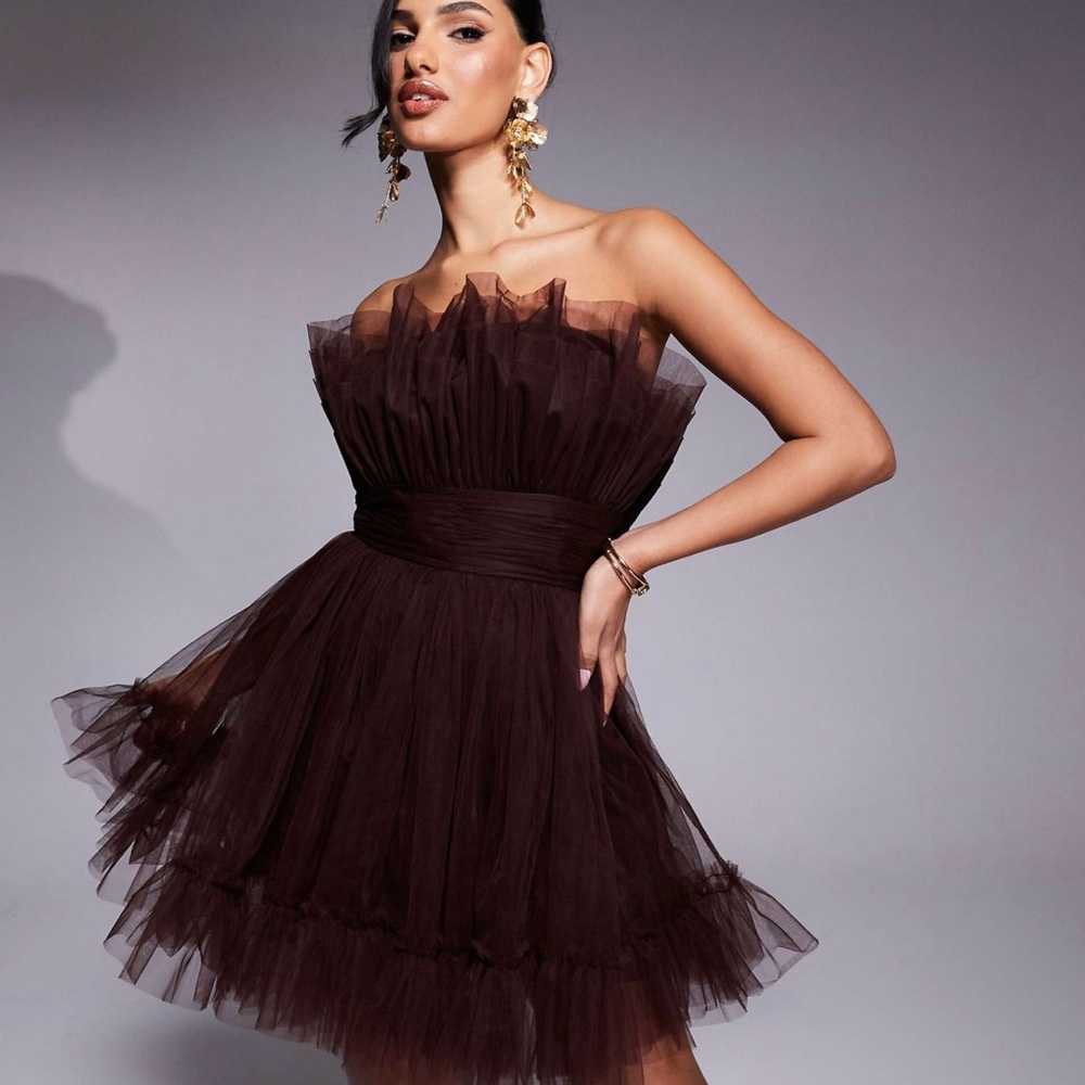 Lace and Beads bandeau structured tulle mini dress in chocolate brown.